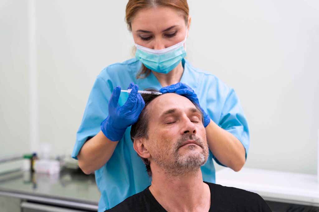Clinician examining a man’s scalp during a hair loss treatment consultation